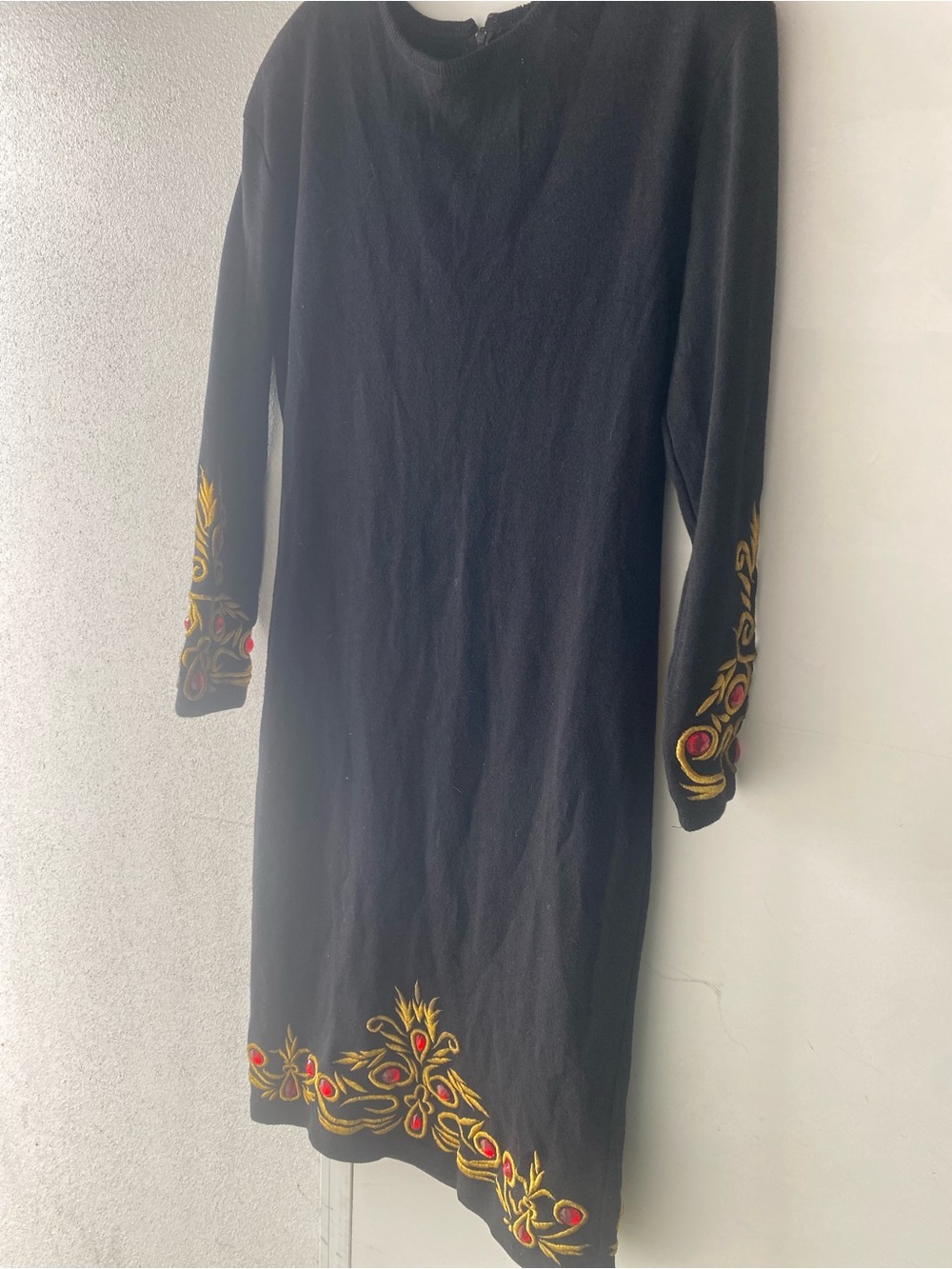 Black long vintage Dress with Gold & Red Embroidered Accents